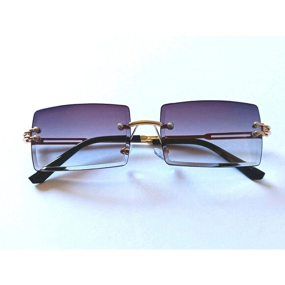 Rimless Rectangular Sunglasses Purple Tint Unisex Metal Frame - Picture 1 of 7